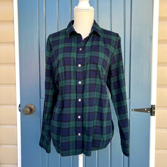 J. Crew: Drapey Button-up Shirt In Black Watch Tartan Women Size Large - Picture 1 of 8